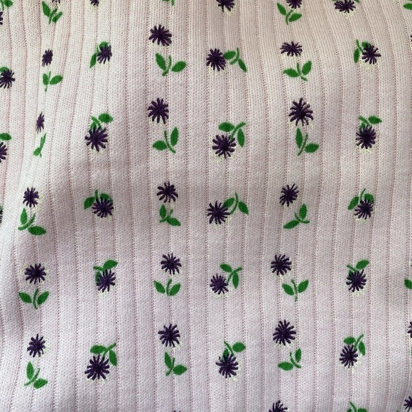 Vintage Pink Flower Sleeveless Mock Neck Ribbed Top - Picture 2 of 12